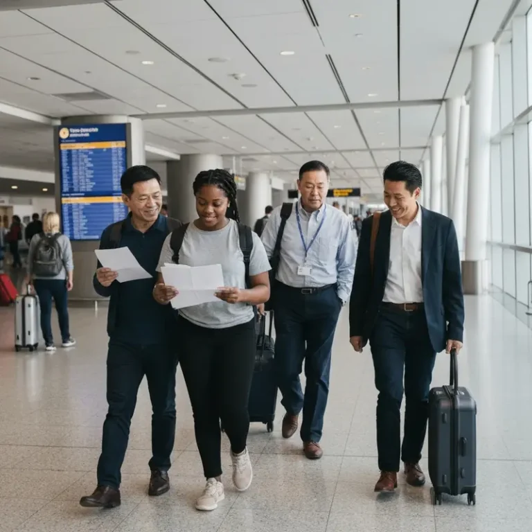 Diverse American travelers calmly reviewing flight delay travel insurance documents at airport.