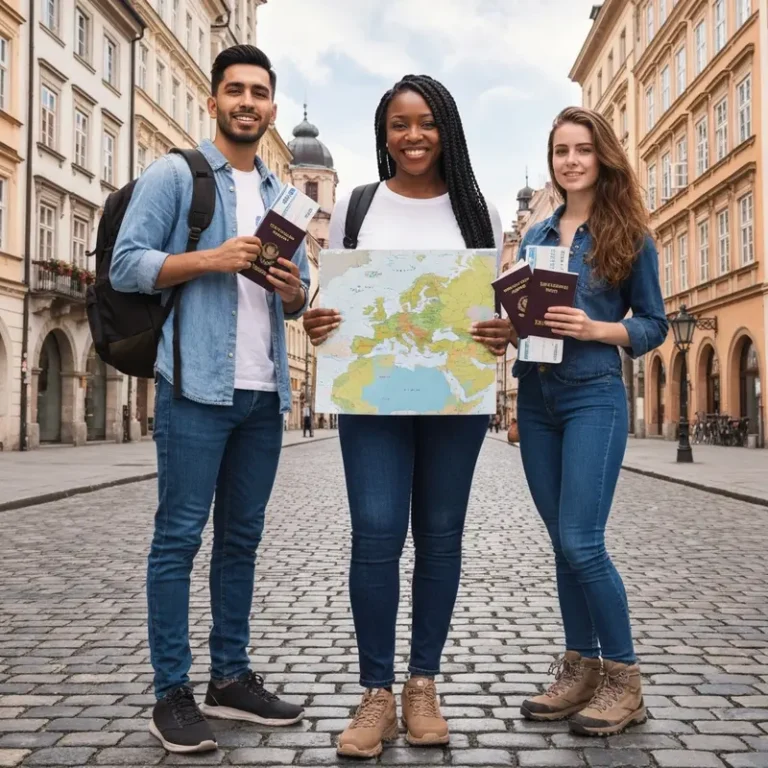 Diverse American travelers with travel medical insurance Europe documents.