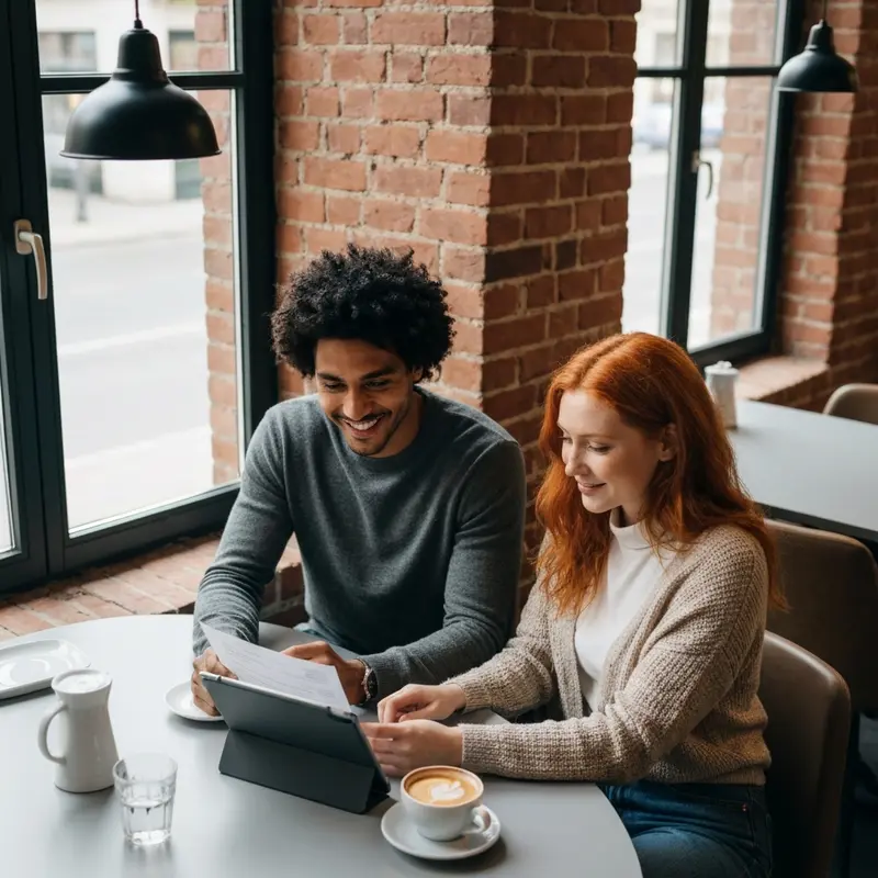 Happy couple reviewing travel insurance documents on tablet