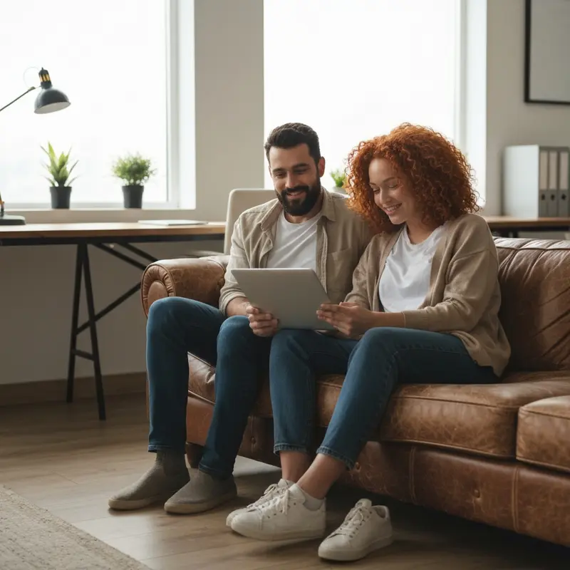 Relaxed couple planning next adventure with travel insurance.