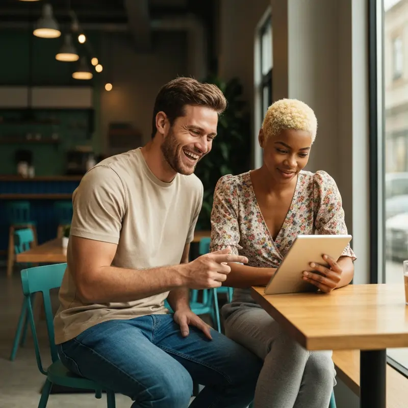 Relaxed couple planning trip with tablet
