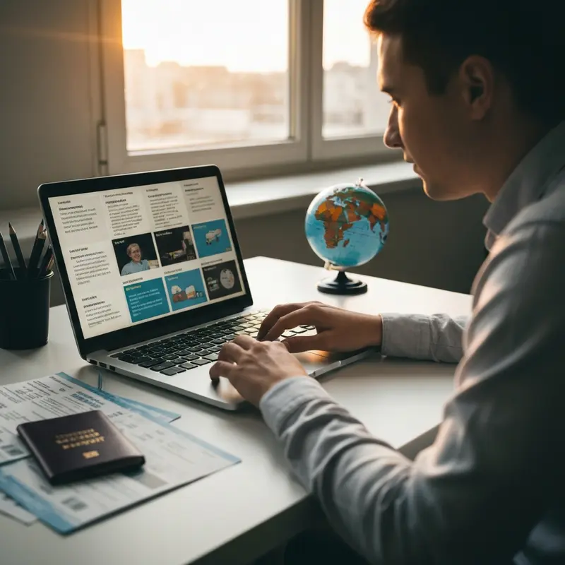 A person on a laptop comparing parents visiting USA insurance plans, with travel documents scattered around, focusing on research and comparison.