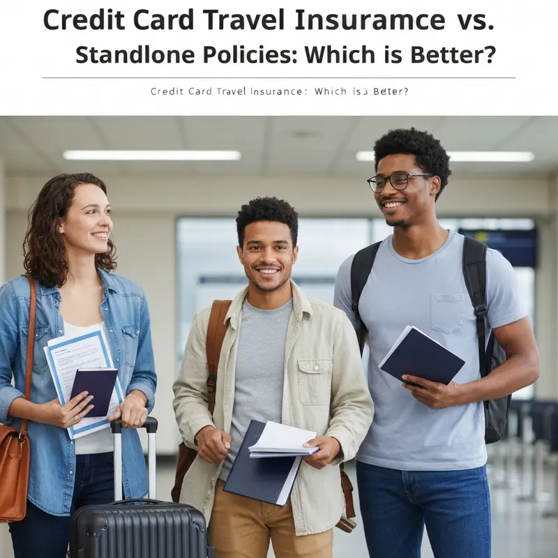 American couple reviewing travel insurance documents and credit card benefits in a hotel