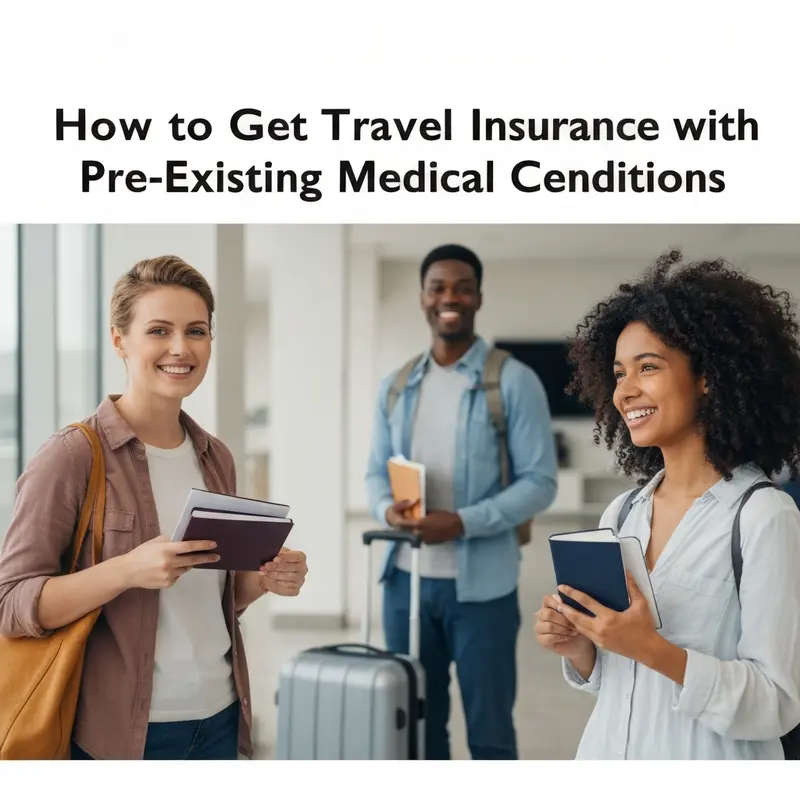 American couple reviewing travel insurance pre-existing conditions on tablet in hotel lobby