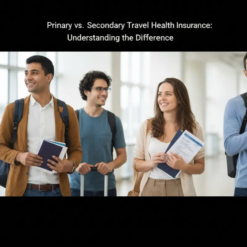 Couple discussing primary travel medical insurance in a hotel lobby
