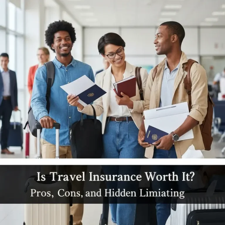 Diverse American travelers at an airport or travel planning setting with suitcases and passports, considering if travel insurance is worth it.