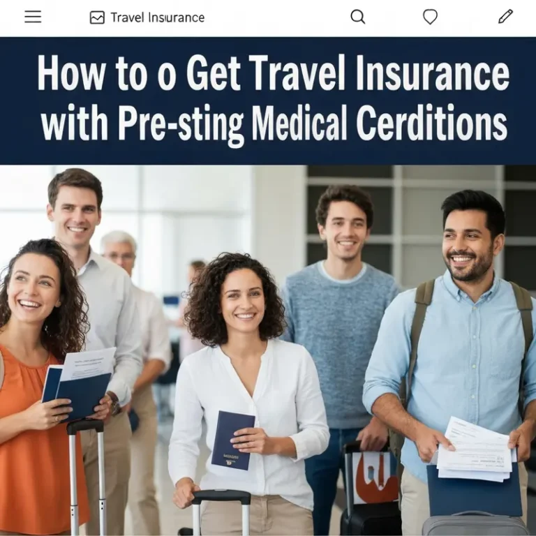 Diverse American travelers with travel insurance pre-existing conditions documents at airport