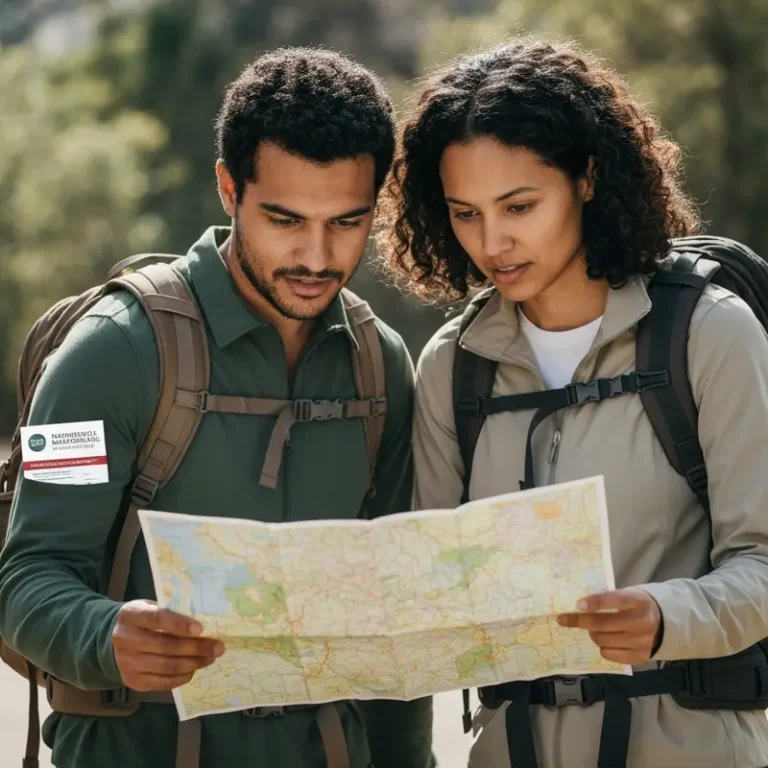 International couple excitedly looking at a map, wearing hiking gear, with adventure travel insurance USA brochure faintly visible in a backpack.