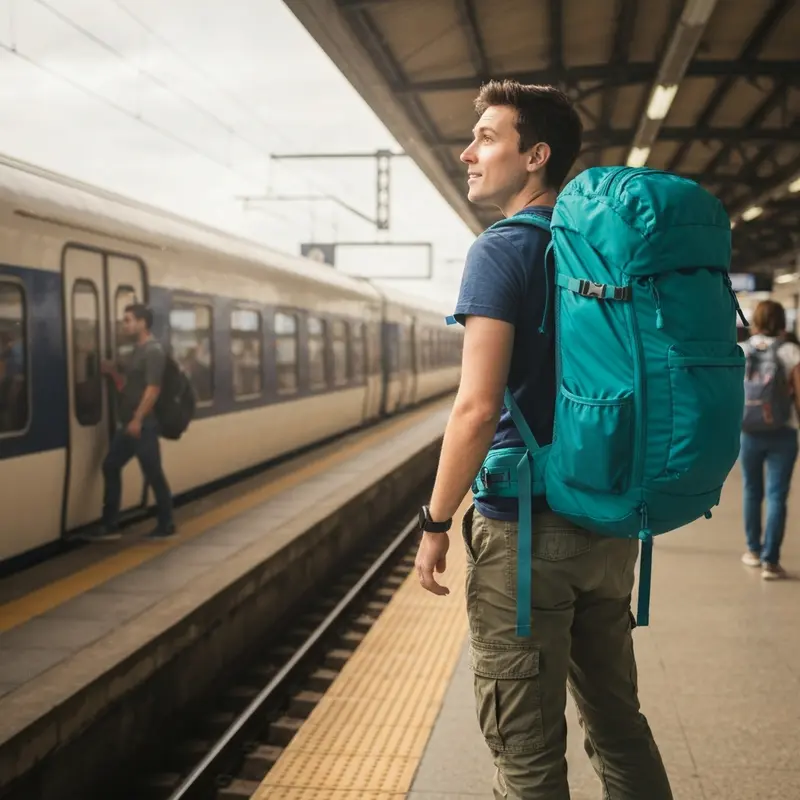 Person with a backpack, holding a passport and a boarding pass, looking towards an airplane at the gate, symbolizing readiness for adventure travel in the USA.