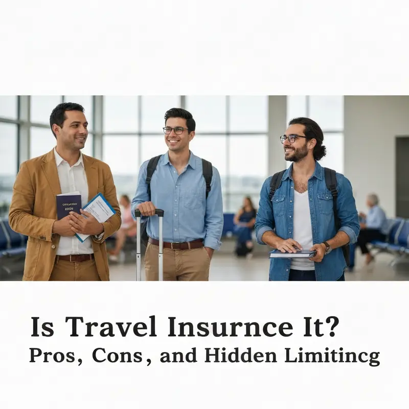 Relaxed American couple or solo traveler reviewing trip documents on a tablet in an airport lounge, with luggage visible, assessing if travel insurance is worth it.