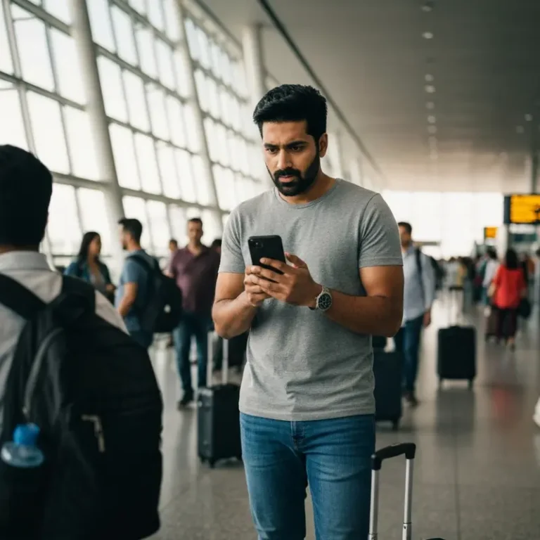 Traveler looking worriedly at phone with luggage in airport, illustrating concern about trip cancellation insurance USA