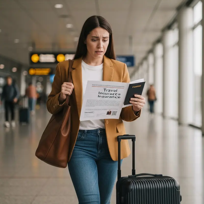 Traveler with luggage in an airport terminal, looking concerned about potential US medical costs and reviewing primary secondary US travel insurance documents.