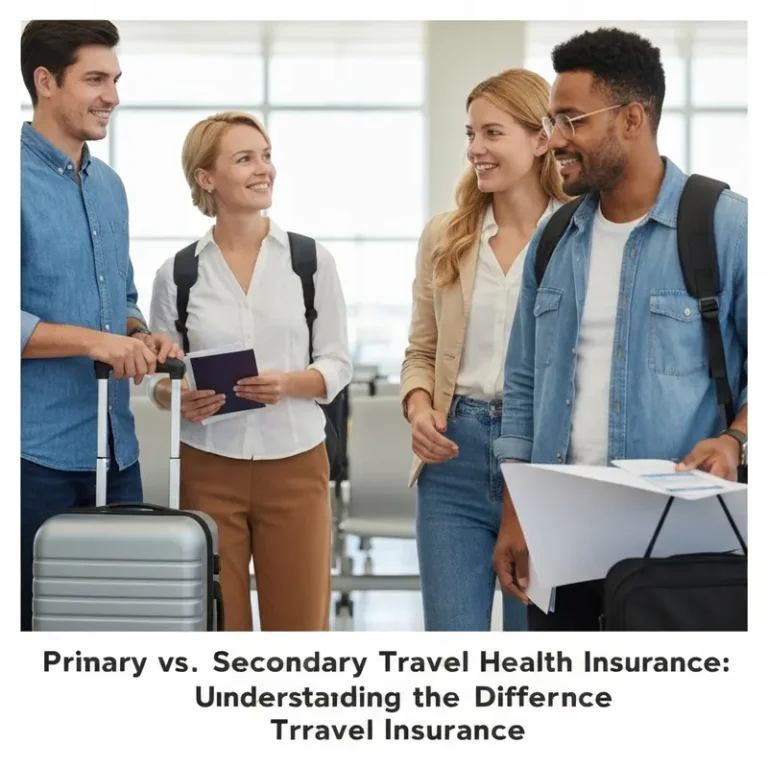 Travelers reviewing primary travel medical insurance documents at an airport