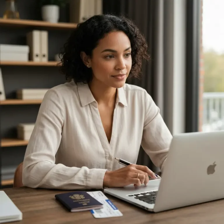 Woman looking at a laptop with a passport and plane ticket, researching primary secondary US travel insurance.