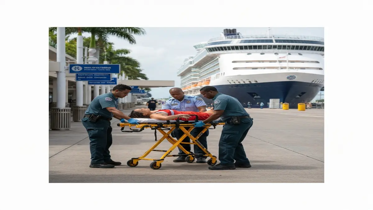 A person being attended to by paramedics near a cruise ship terminal.