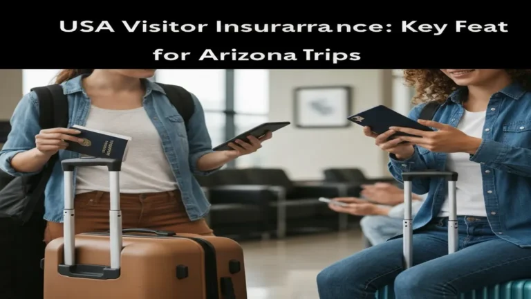 Couple comparing travel insurance plans on a tablet, with a backdrop of the Arizona desert.