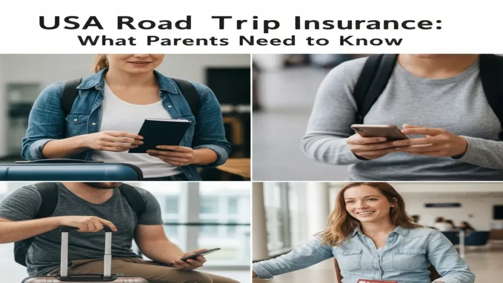 Family planning a USA road trip on a map with travel insurance documents