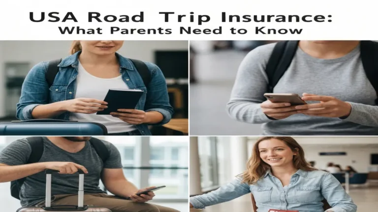 Family planning a USA road trip on a map with travel insurance documents