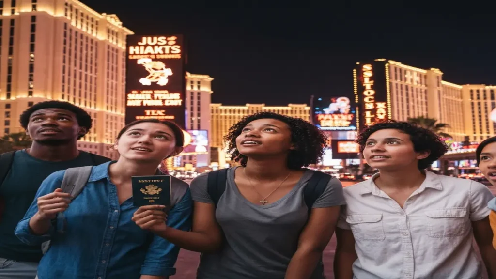 International student in Nevada looking at the Las Vegas Strip at night with travel insurance in mind.