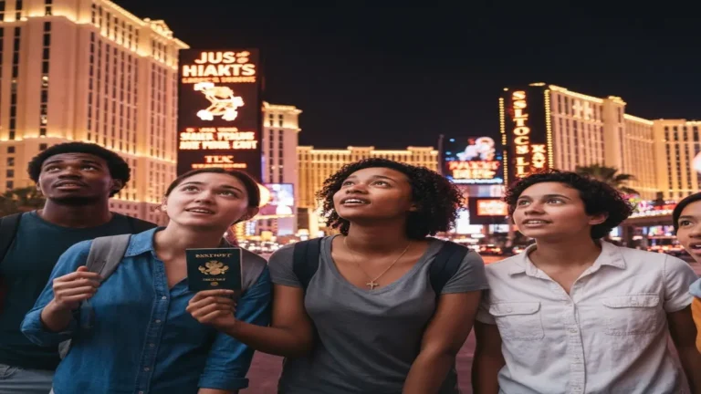 International student in Nevada looking at the Las Vegas Strip at night with travel insurance in mind.
