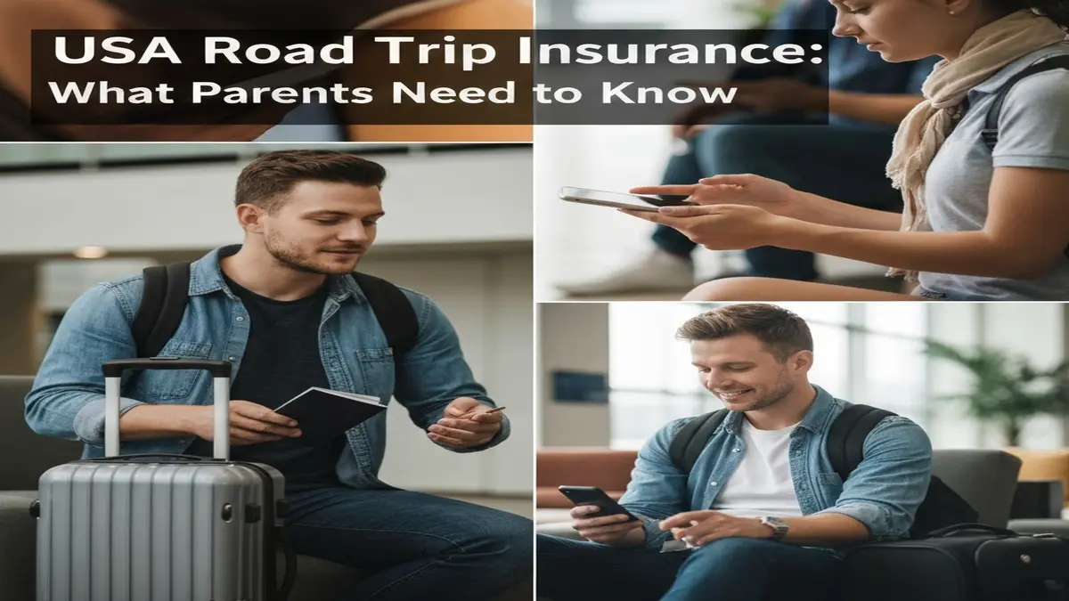 Parents and child looking concerned at a hospital bill during a USA road trip