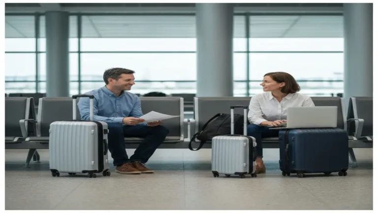 Senior couple reviewing travel documents with a New York City skyline blurred in the background.