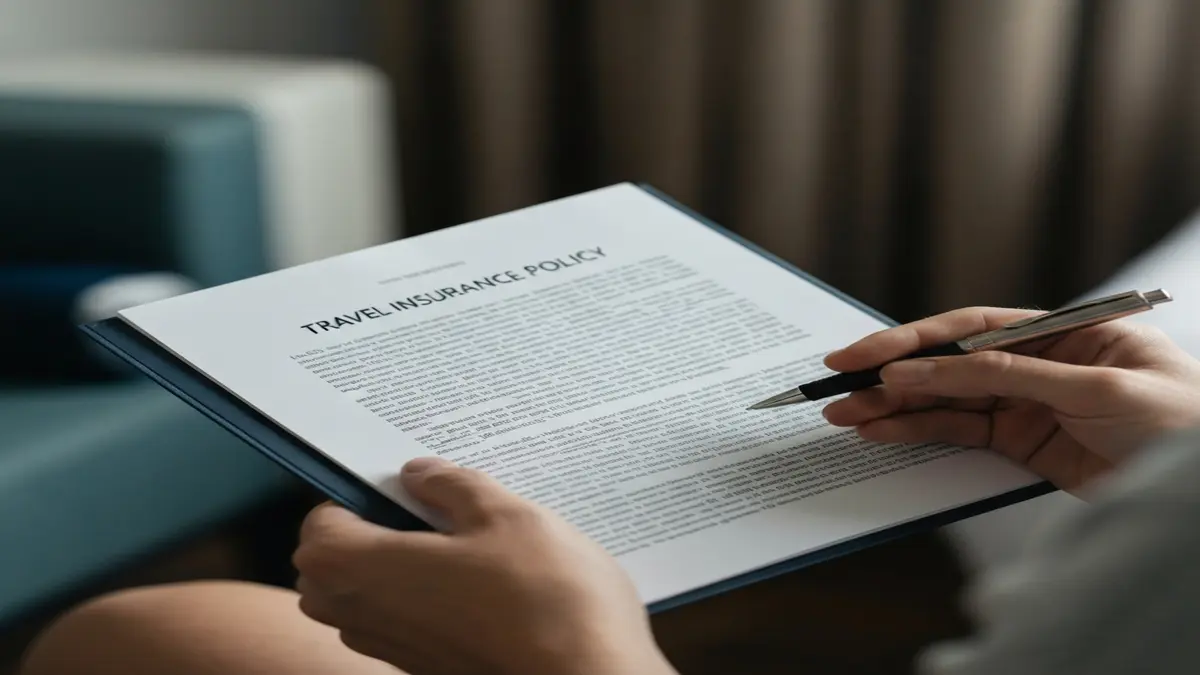 Traveler reviewing a travel insurance policy document with a pen