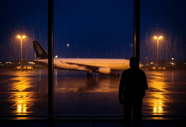 Rain streaming down an airport terminal window at night with a traveller silhouette and a blurred parked aircraft