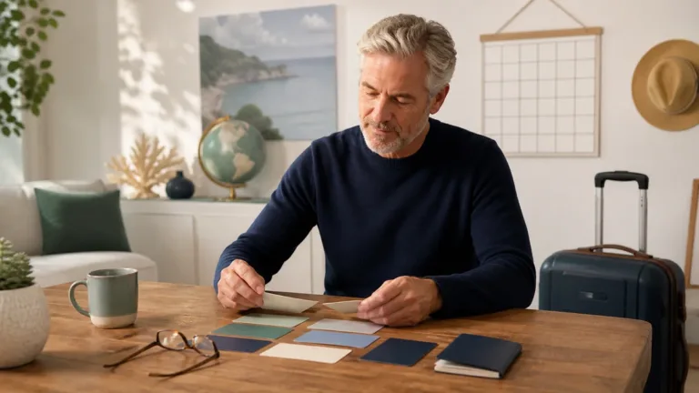 Frequent traveler reviewing an annual insurance policy beside several trip itineraries