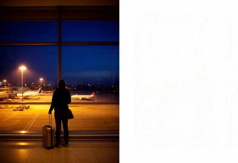 A lone traveler with a carry-on case at an airport window at dawn, watching aircraft on the apron