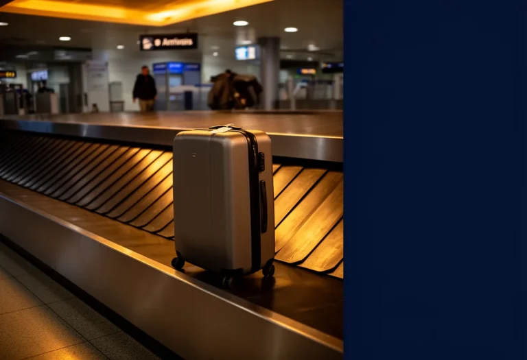 A single suitcase circling an almost empty airport baggage carousel late at night