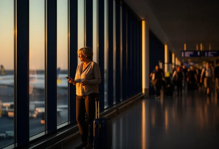 Woman with a suitcase standing at a tall airport window in warm golden hour light before a flight
