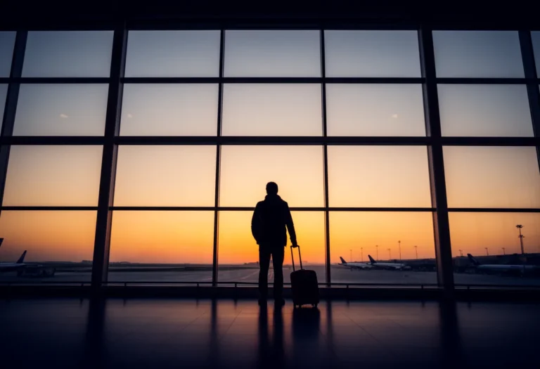 A lone traveler with a suitcase silhouetted at an airport window as the sun rises over the runway