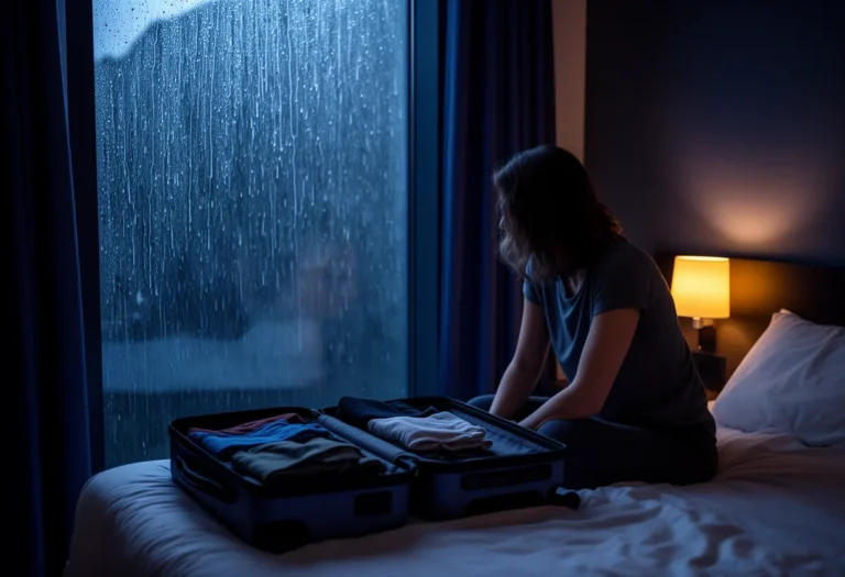 Traveller sitting beside a half-packed suitcase in a lamplit hotel room as rain runs down the window.