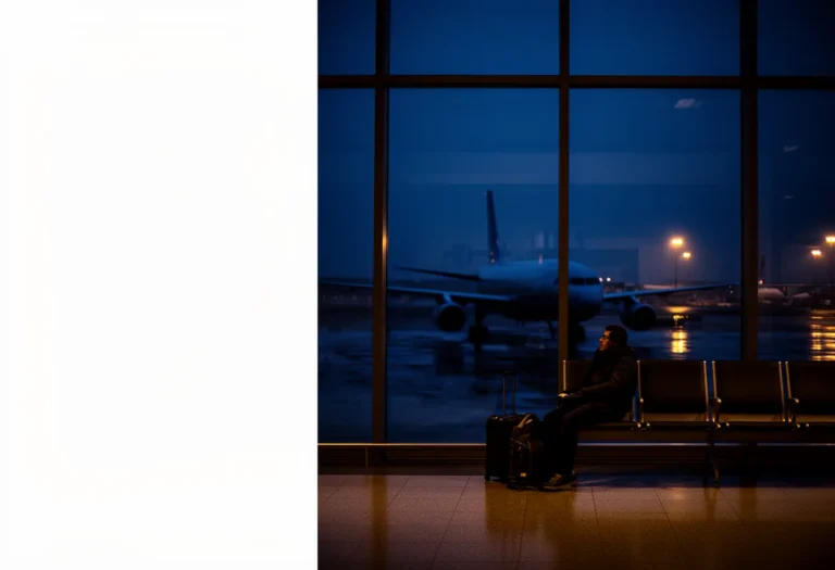 Traveler waiting alone by an airport window at dusk with a carry-on bag as aircraft sit on a wet apron outside.