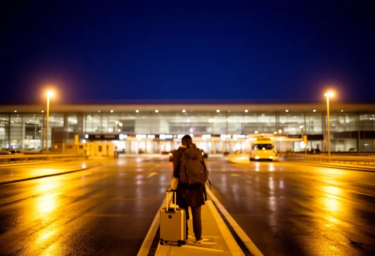 Traveler with a suitcase waiting at an airport hotel shuttle curb at night on wet reflective asphalt