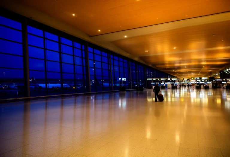 Lone traveler walking with a rolling suitcase through a wide, quiet airport departures concourse at evening