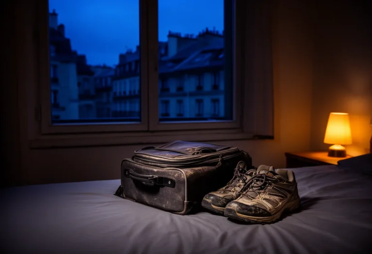 A small worn carry-on bag and walking shoes on a bed beside a dusk-lit window in a modest room