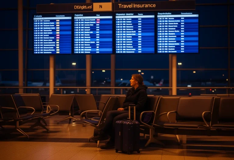 Traveller waiting at an airport gate late at night beside a departure board