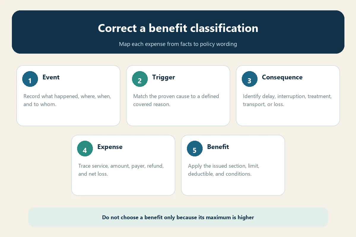 Five-step matrix for correcting a travel insurance claim benefit classification