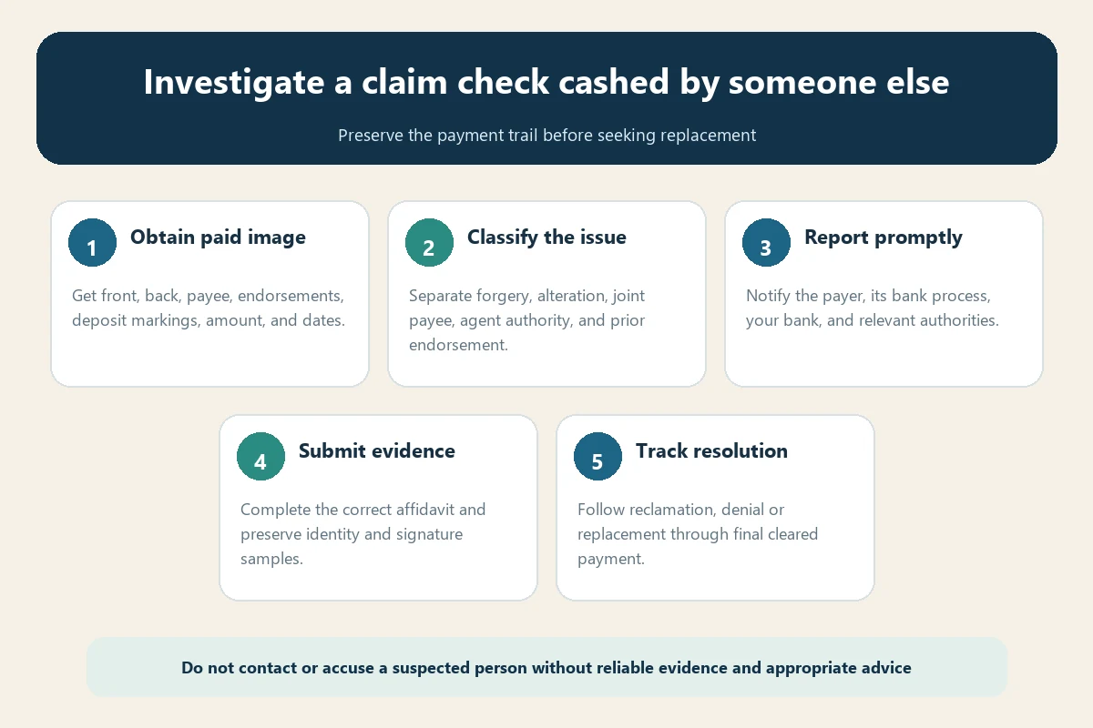 Unauthorized travel claim check endorsement investigation flow for image notice affidavit recovery and replacement