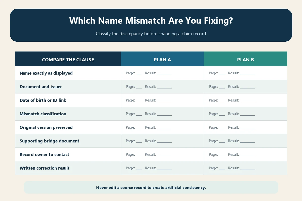 Name mismatch correction matrix for typo legal name change formatting and wrong insured person