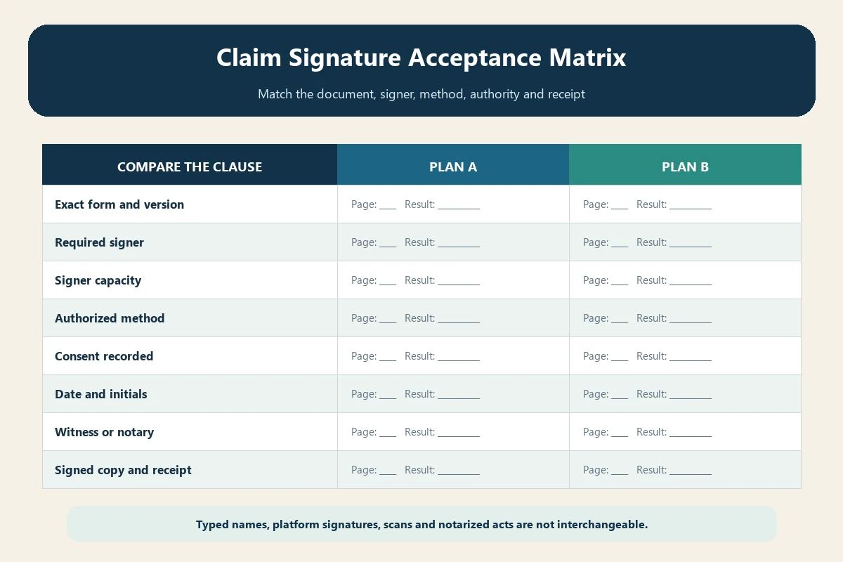 Travel insurance claim signature matrix for form signer method authority and submission proof