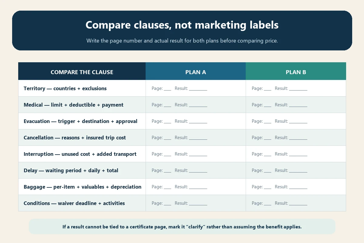 Printable comparison worksheet for territory, medical, evacuation, cancellation, interruption, delay, baggage and policy conditions