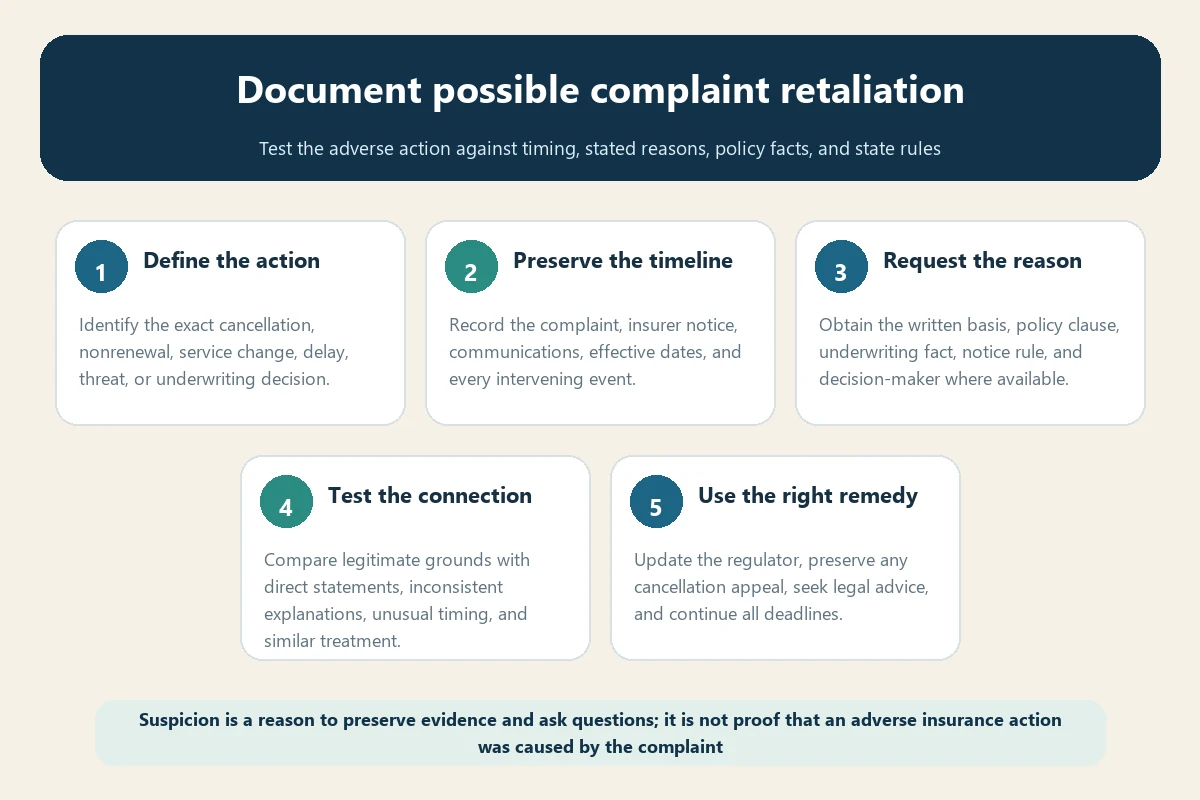 Travel insurance complaint retaliation evidence flow covering adverse action timing reasons and remedies
