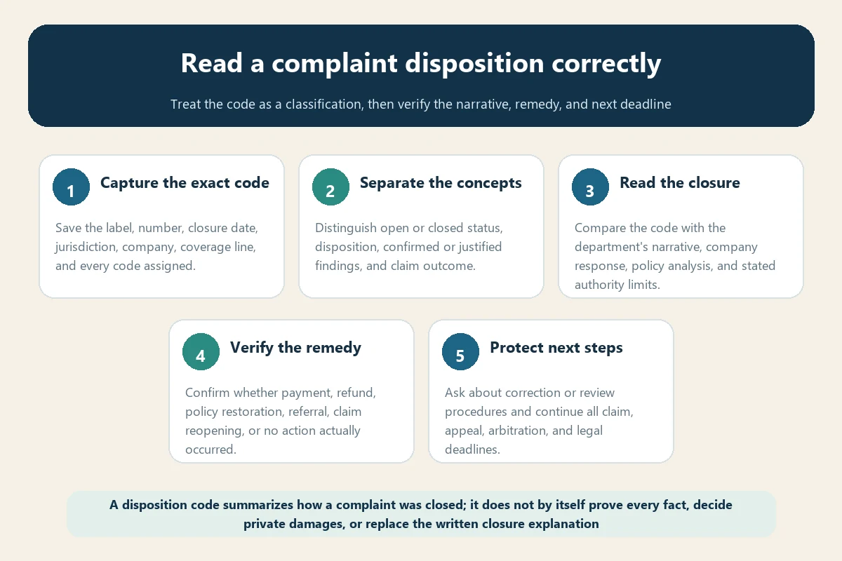Travel insurance complaint disposition review flow covering codes findings remedies and next steps