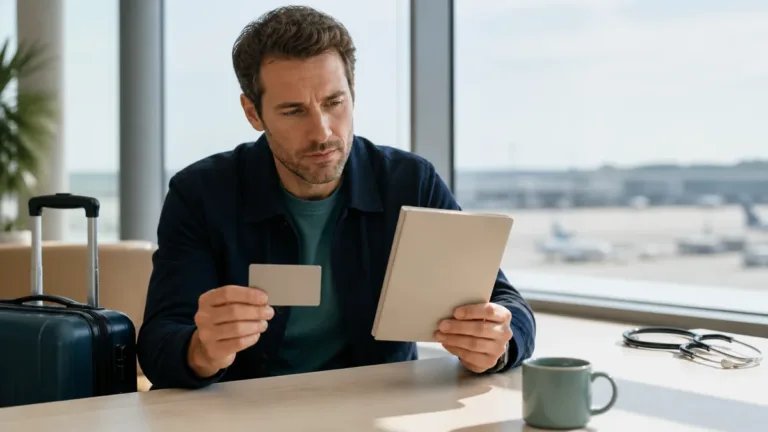 Traveler comparing a credit card benefits guide with a standalone insurance policy
