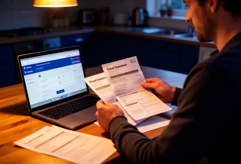 Person at a kitchen table reviewing travel documents and a laptop showing a booking