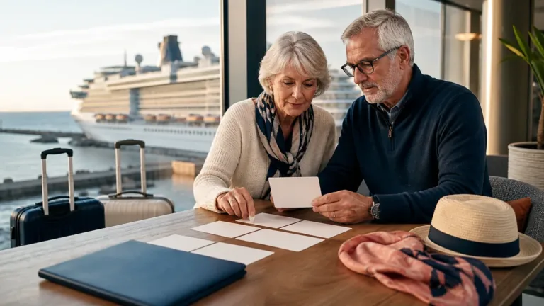 Cruise travelers reviewing an insurance timeline before a ship departure