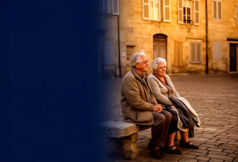 An older couple resting on a stone bench in a sunlit European old-town square in late afternoon